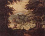 unknow artist, a wooded landscape with a hunting party at the edge of a lake,a castle beyond